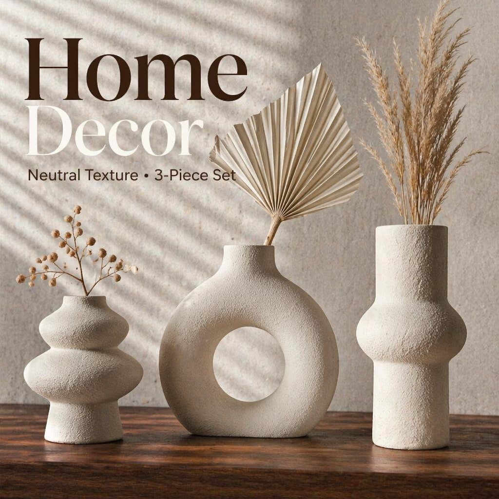 Palm Leaf Dried - 3-delige set holle ringvazen met ruwe